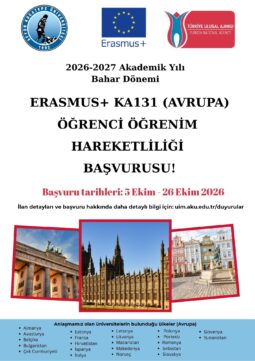2026-2027 Akademik Yılı Bahar Dönemi Erasmus+ KA131 Öğrenim Hareketliliği İlan Duyurusu